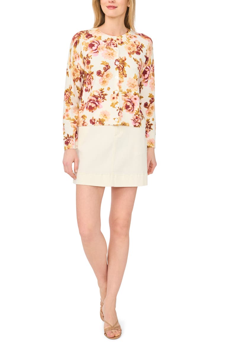 Floral Button Front Crop Cardigan, Alternate, color, NEW IVORY