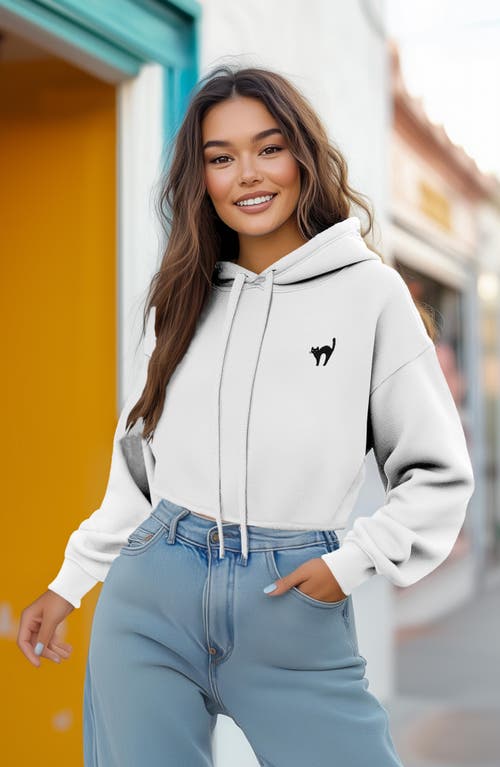 Dalix Black Cat Cropped Fleece Hoodie In White