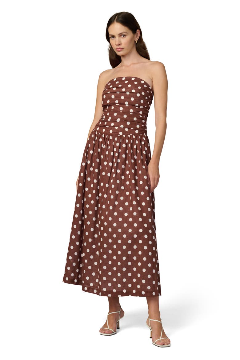 The Reina Linen Blend Strapless Maxi Dress, Alternate, color, CHOCOLATE/ ECRU DOT