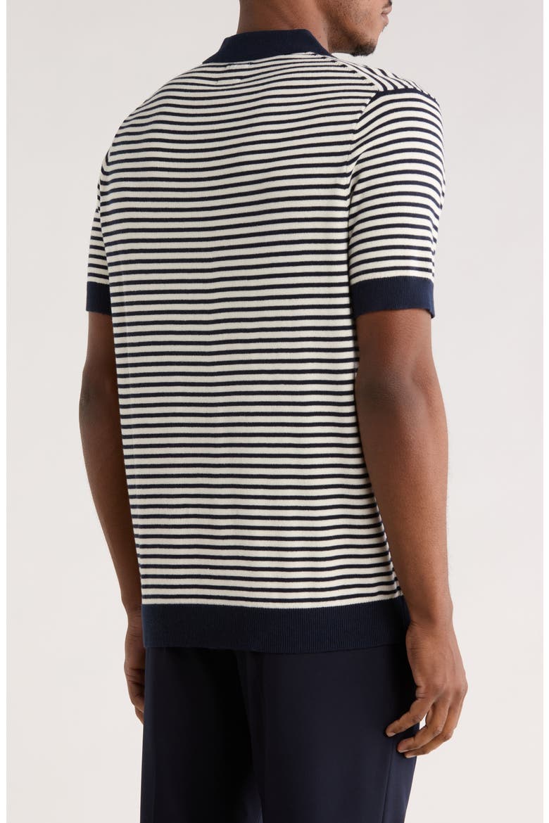 Short Sleeve Johnny Collar Knit Top, Alternate, color, NAVY- IVORY EVAN STRIPE