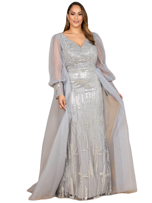 Lara New York Long Sleeve Lace Gown With Removable Over Skirt In Silver