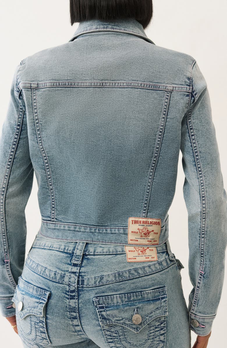 True Religion Jesse Crop Denim Trucker Jacket, Alternate, color, Light Sparklin Pear Wash