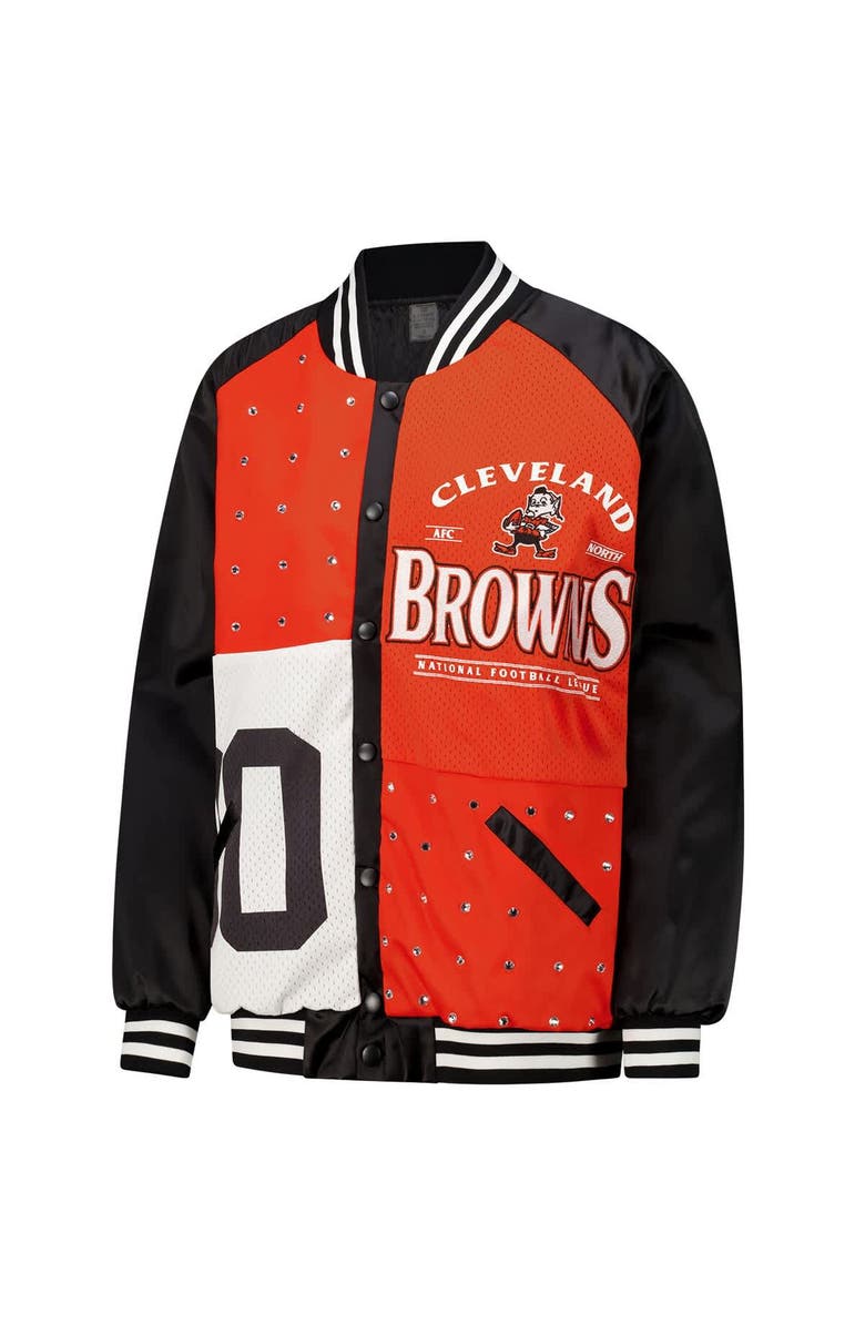 GAMEDAY COUTURE Women's Gameday Couture  Black/Orange Cleveland Browns Oversized Hot Shot Rhinestone Throwback Full-Snap Varsity Bomber Jacket, Alternate, color, Black