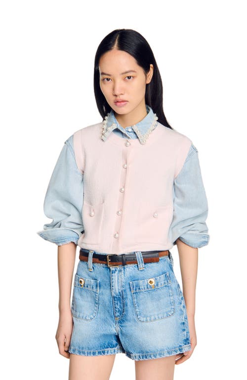 Sandro Textured Tweed Cardigan In Light Pink