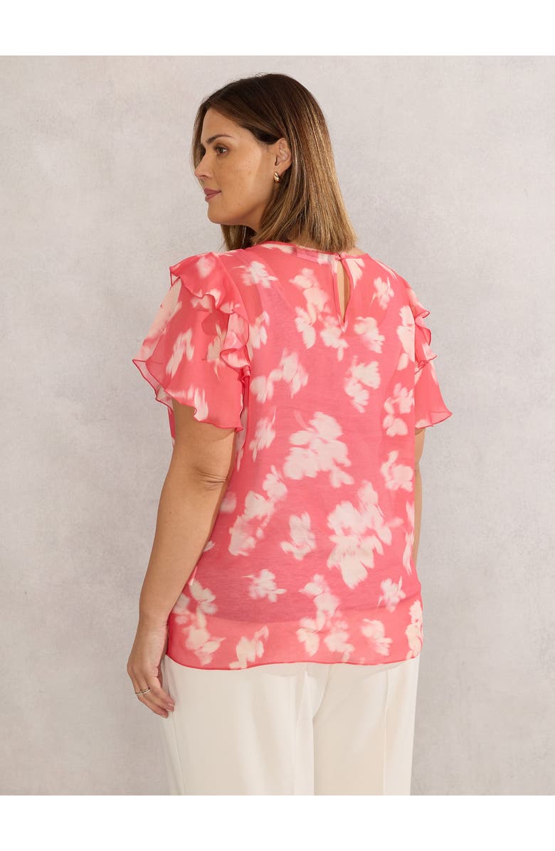 Live Unlimited Floral Print Ruffle Overlay Blouse, Alternate, color, Coral