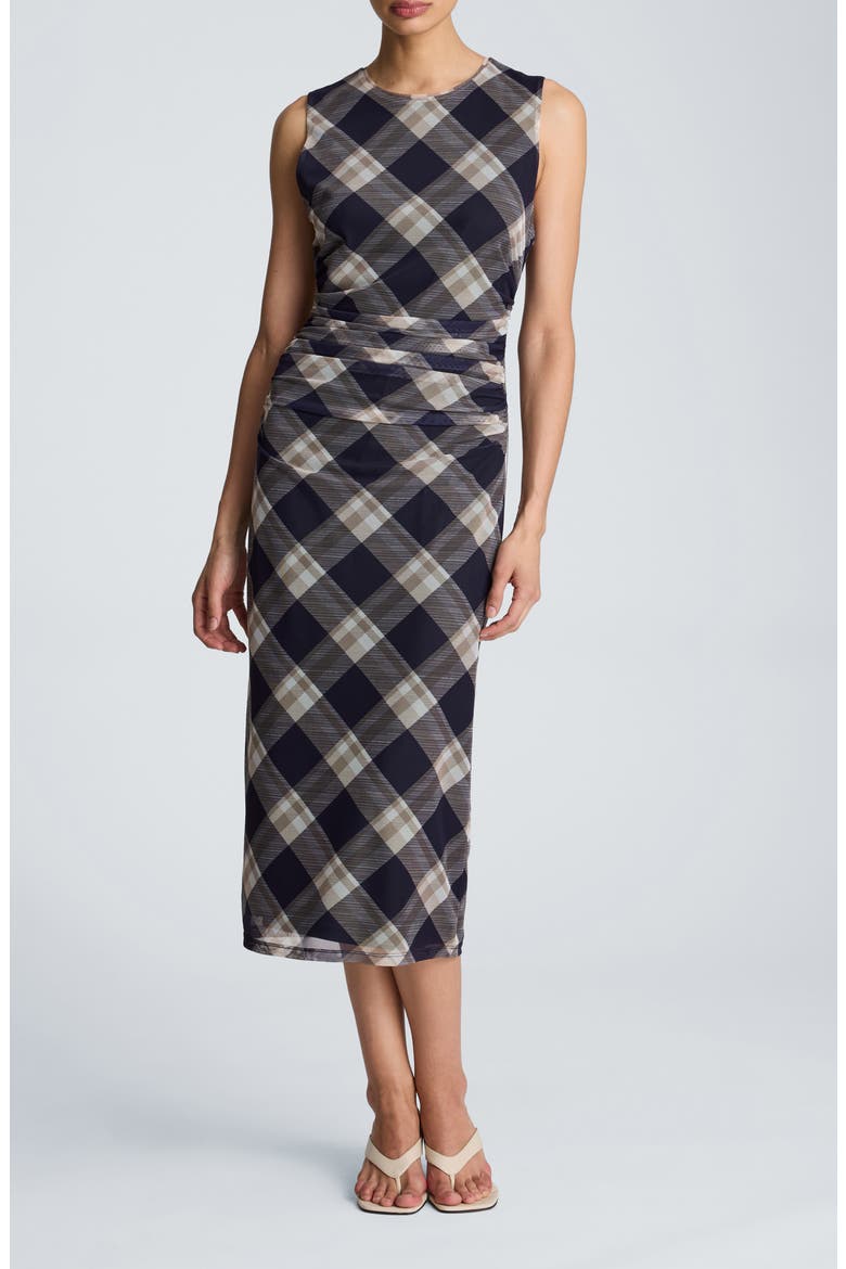 Ruched Plaid Midi Dress, Main, color, DARK NAVY MULTI