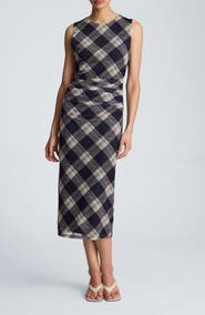 Kenneth Cole Ruched Plaid Midi Dress