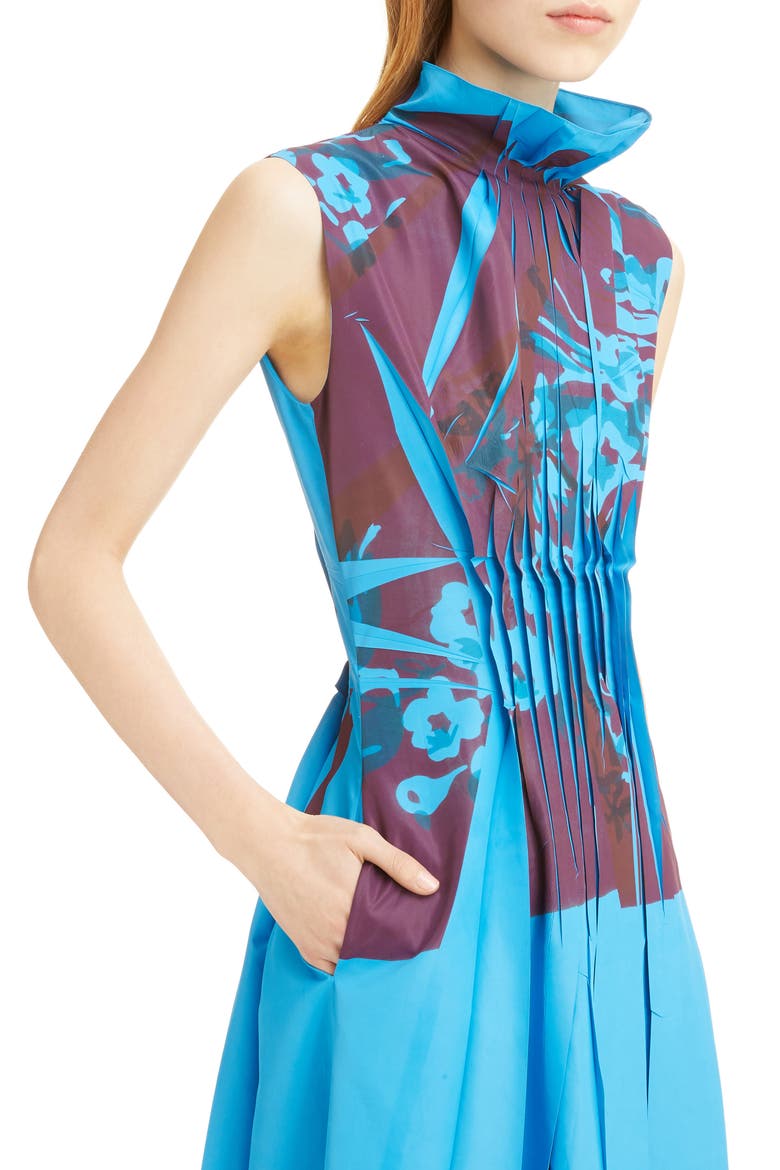 Floral Print Ruffle Collar Pleated Dress, Alternate, color, AZURE
