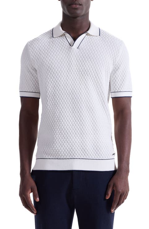 Johnny Collar Basket Stitch Cotton Blend Polo Sweater