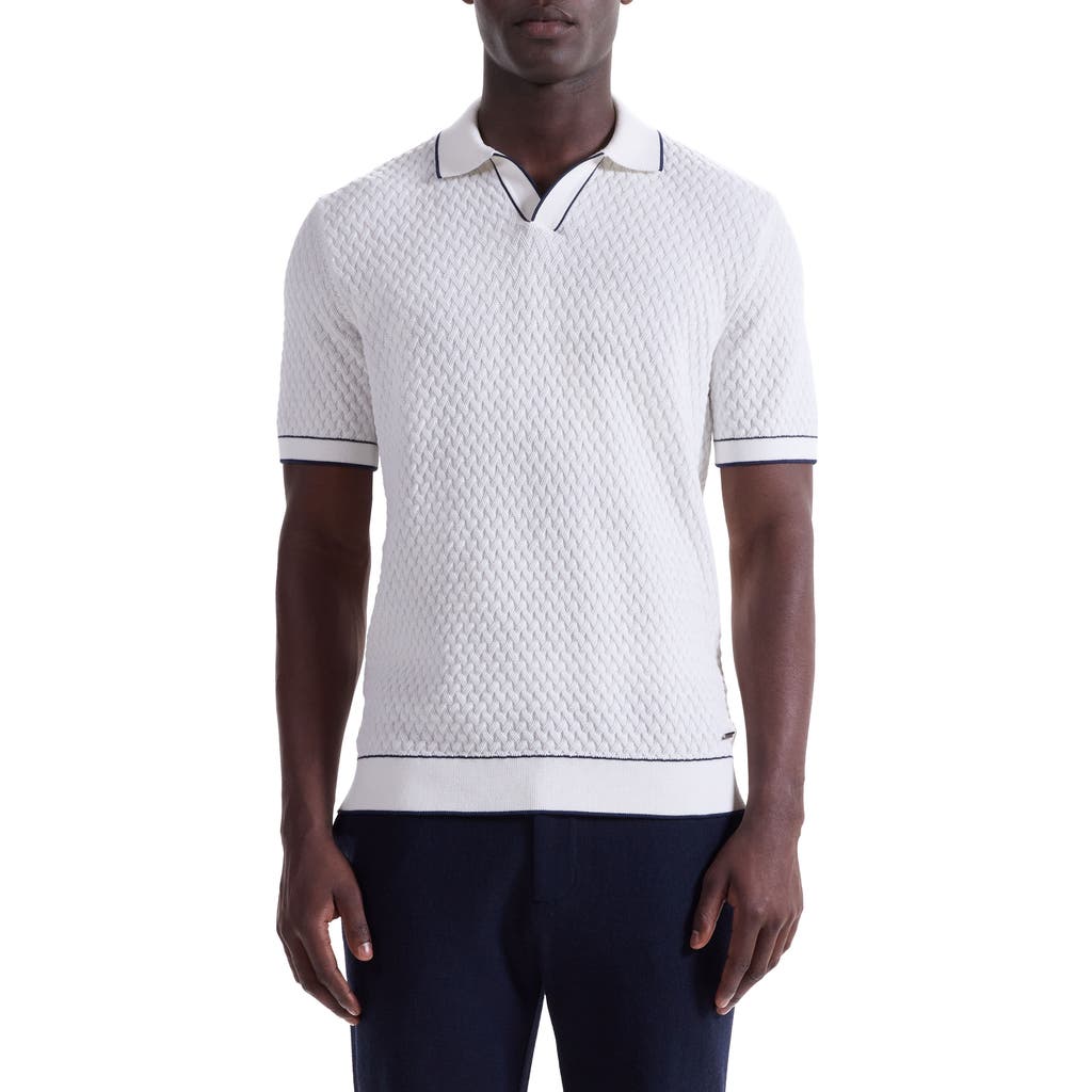 Bugatchi Johnny Collar Basket Stitch Cotton Blend Polo Sweater In White