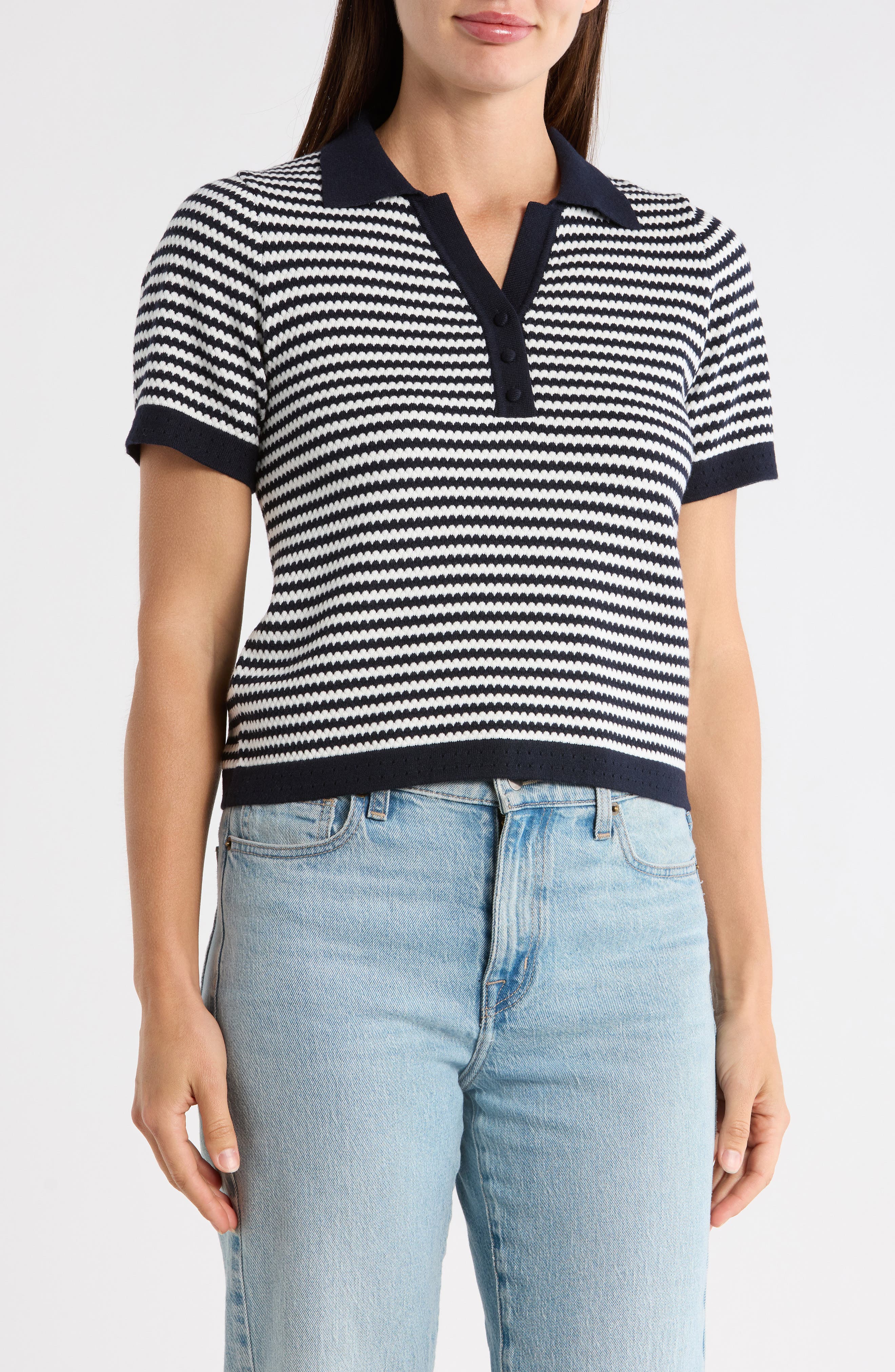 Adrianna Papell Stripe Short Sleeve Polo Sweater