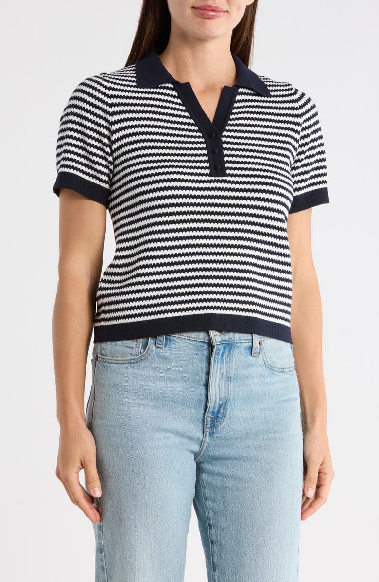 Adrianna Papell Stripe Short Sleeve Polo Sweater, Main, color, Blue Moon/ Ivory