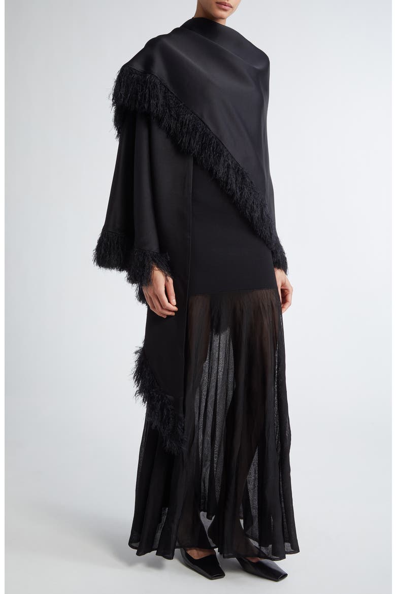 Charmeuse Satin Triangle Fringe Scarf, Main, color, BLACK