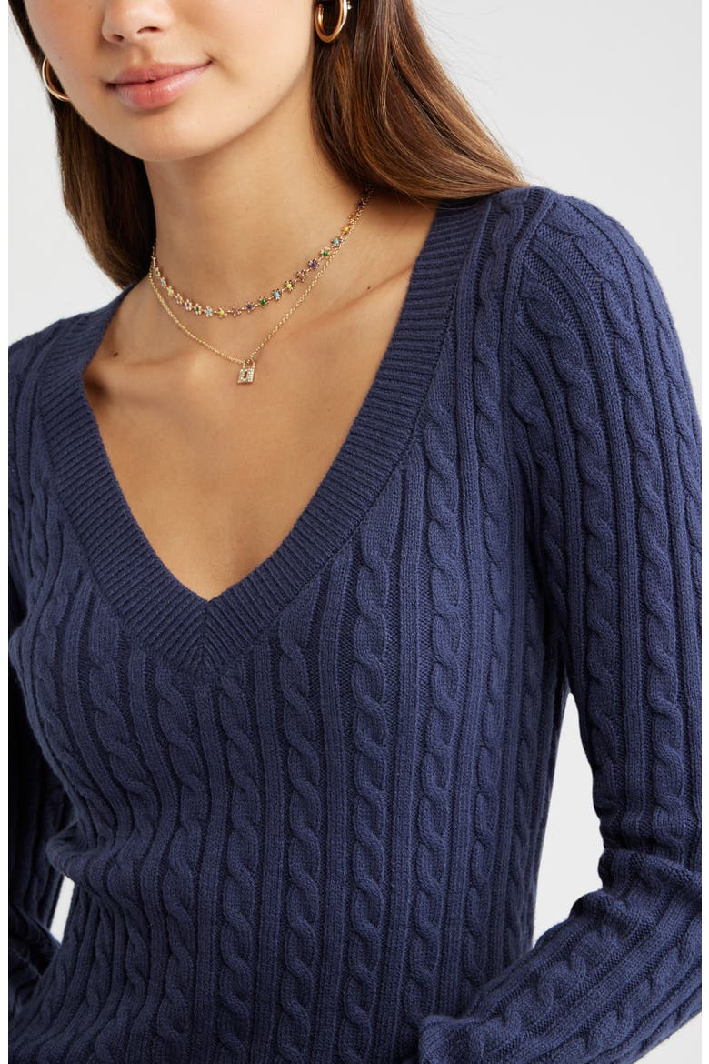 Cable Stitch V-Neck Sweater, Alternate, color, NAVY INDIGO