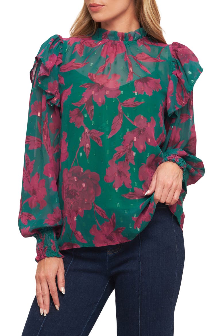 Floral Ruffle Billow Sleeve Top, Main, color, GREEN