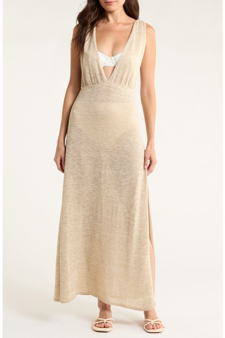Plunge Neck Maxi Cover-Up Sweater Dress, Main, color, BEIGE