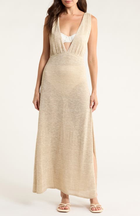 Plunge Neck Maxi Cover-Up Sweater Dress