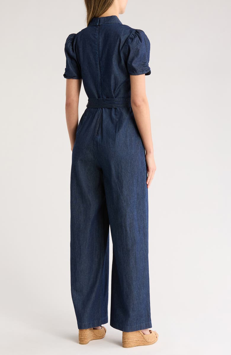 DKNY Ruched Sleeve Cotton Polo Jumpsuit, Alternate, color, Dark Denim