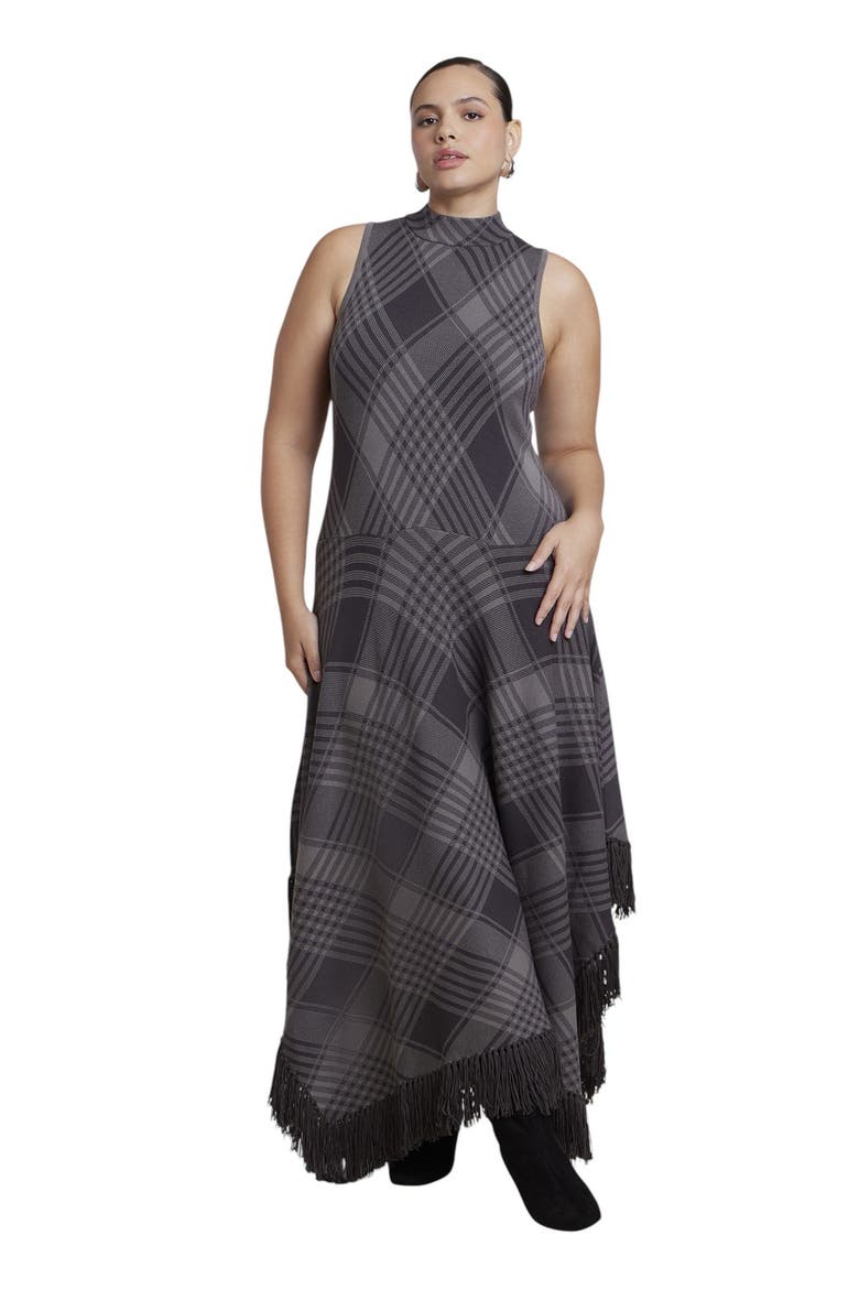 Fringe Trim Plaid Sweater Maxi Dress (plus), Main, color, SHADOW PLAID