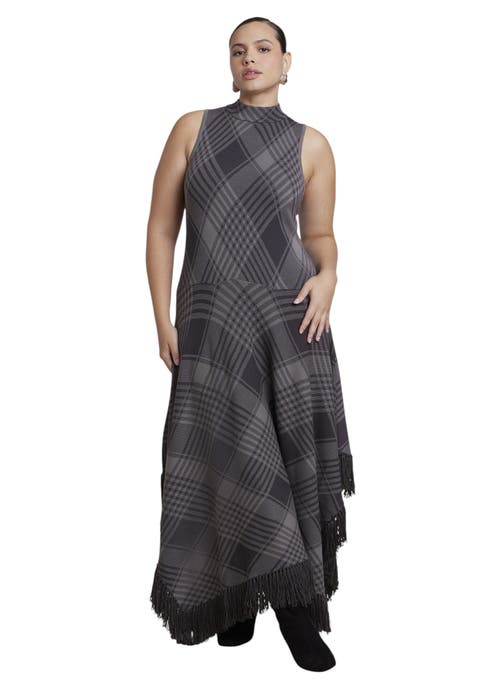 Fringe Trim Plaid Sweater Maxi Dress (plus)