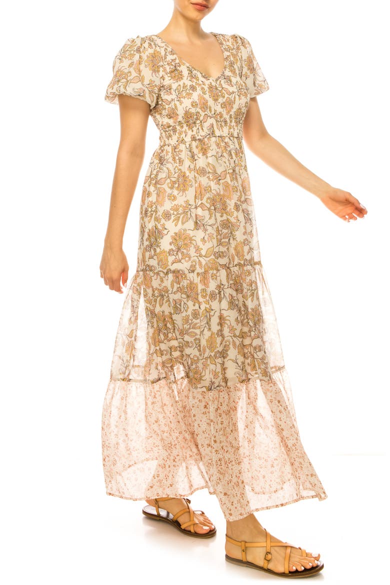 Floral Puff Sleeve Tiered Chiffon Maxi Dress, Alternate, color, NATURAL