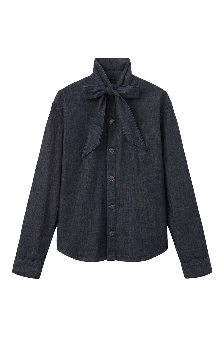 Tie Neck Denim Shirt, Alternate, color, OPEN BLUE