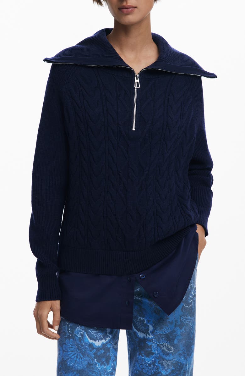 Desigual Mixed Media Oversize Cable Half Zip Sweater, Main, color, Navy Blue