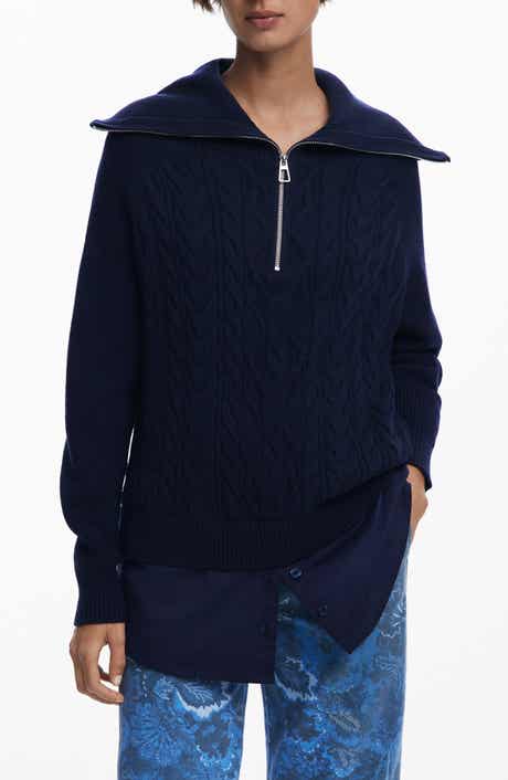 Desigual Mixed Media Oversize Cable Half Zip Sweater