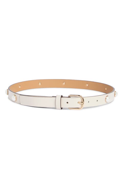 faux-pearl stud leather belt