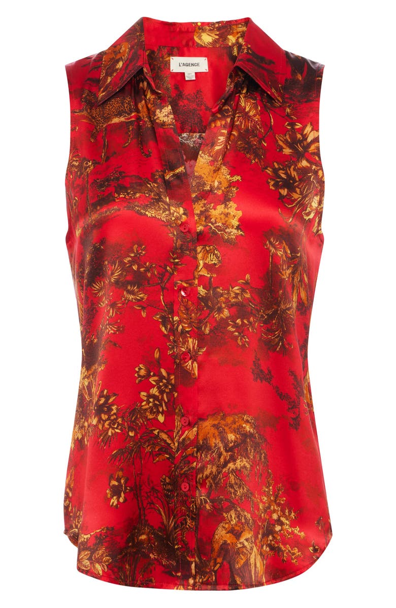 L'AGENCE Emmy Sleeveless Silk Shirt, Alternate, color, High Risk Red Jungle Toile