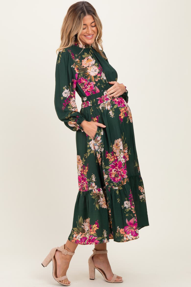 Floral Long Sleeve Midi Dress, Alternate, color, Forest Green