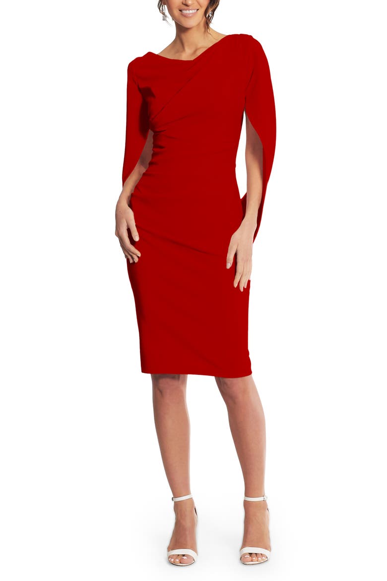 Cape Sleeve Crepe Sheath Dress, Main, color, RED