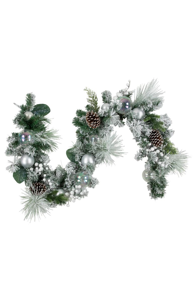 Northlight 6' Flocked Pine Artificial Christmas Garland with Iridescent Ornaments, Unlit, Main, color, 