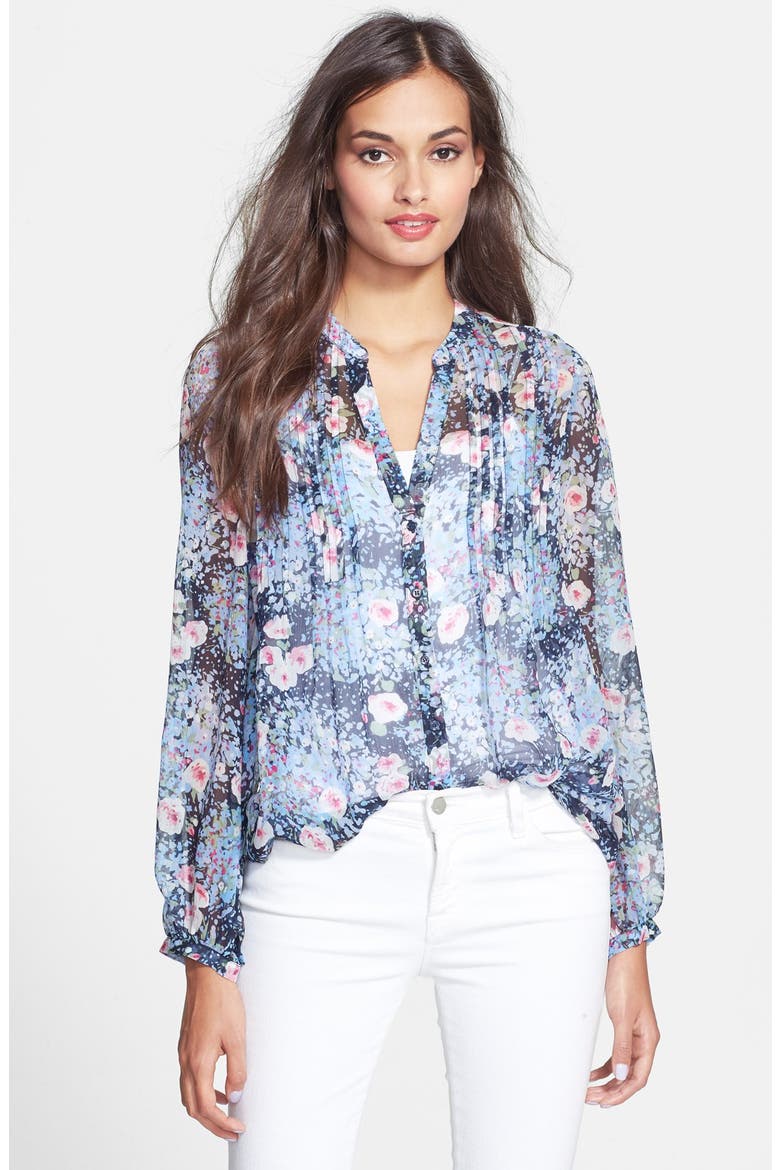 'Martine C' Split Neck Silk Blouse, Main, color, DARK NAVY