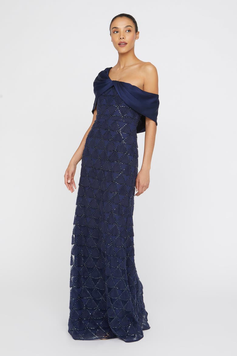 Anabella Textured Tulle Asymmetric Neck Satin Fit and Flare Gown, Alternate, color, Navy