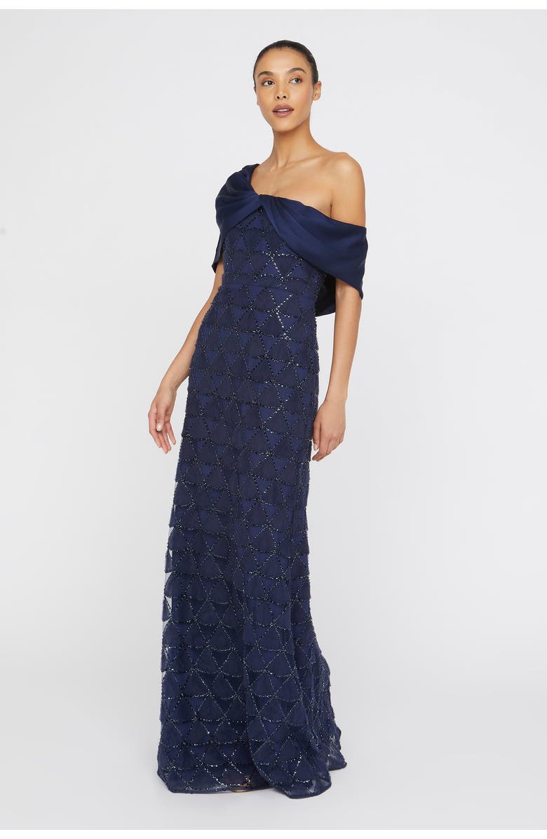 Theia Anabella Textured Tulle Asymmetric Neck Satin Fit and Flare Gown, Alternate, color, Navy
