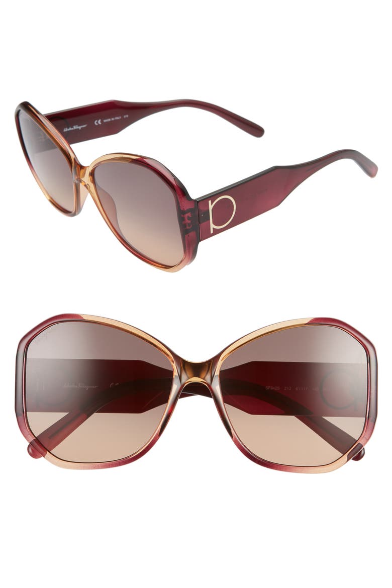 Salvatore Ferragamo Gancio 61mm Butterfly Sunglasses, Main, color, WINE CARAMEL