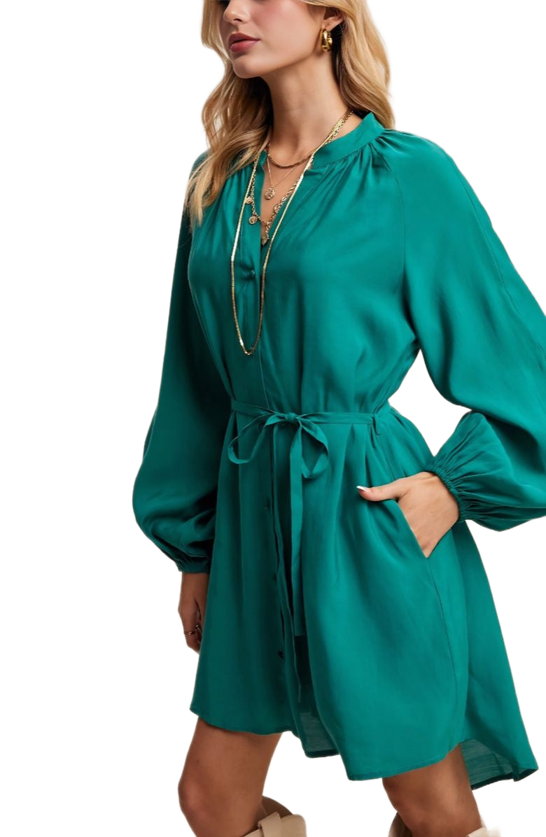 Knit and Lounge Belted Button-Up Bishop Sleeve Mini Dress, Alternate, color, 