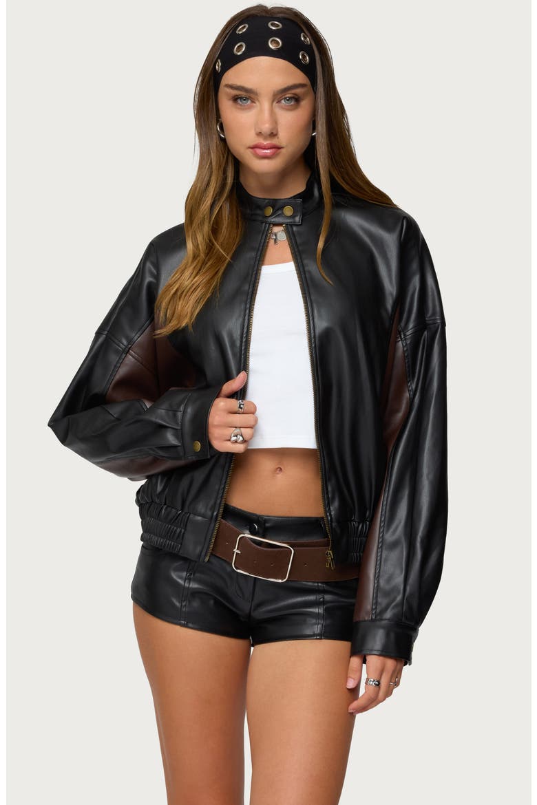 Lavena Oversize Colorblock Faux Leather Moto Jacket, Alternate, color, BLACK