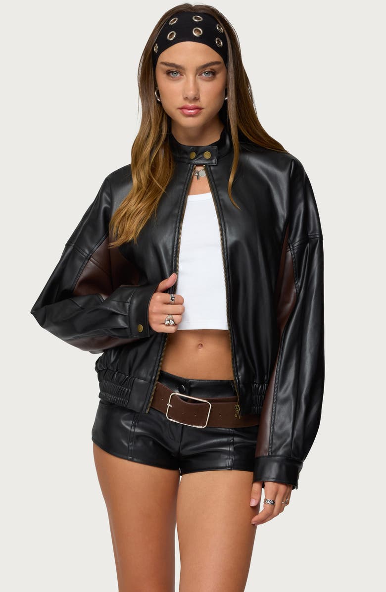 EDIKTED Lavena Oversize Colorblock Faux Leather Moto Jacket, Alternate, color, Black