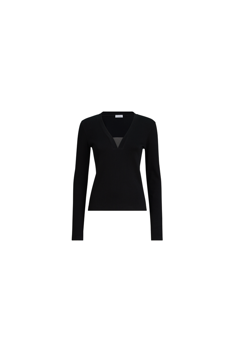 Stretch cotton ribbed jersey top with precious insert, Alternate, color, Black