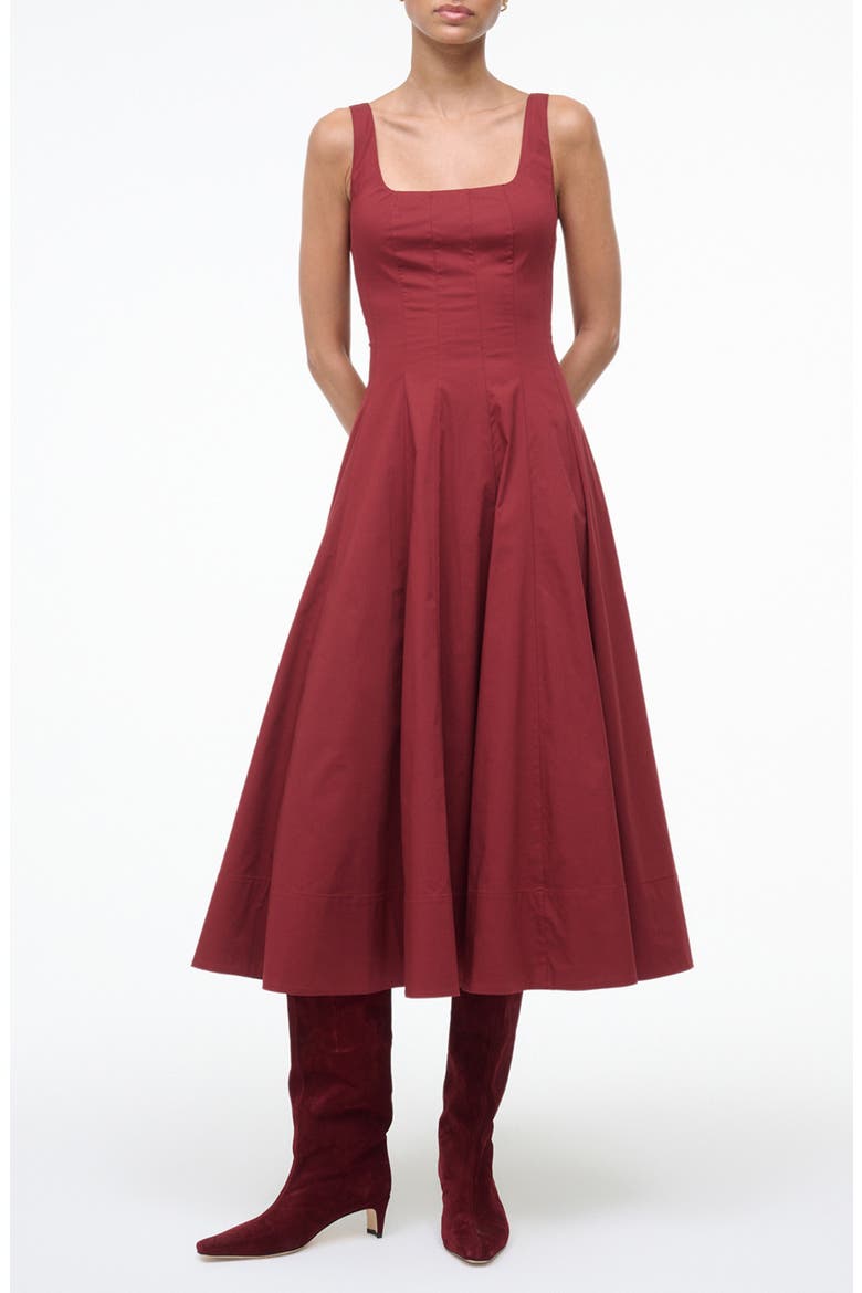 Wells Stretch Cotton Fit & Flare Midi Dress, Alternate, color, SANGRIA