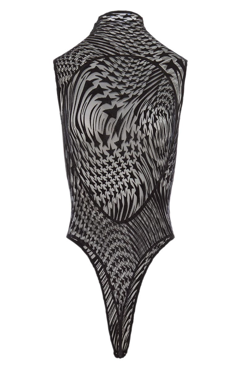 MUGLER Icon Flocked Star Open Back Sheer Mesh Bodysuit, Alternate, color, 