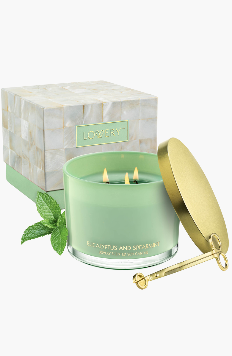 Lovery Eucalyptus & Spearmint Home Candle Gift Set with Wax Trimmer, Main, color, Light Sage Green