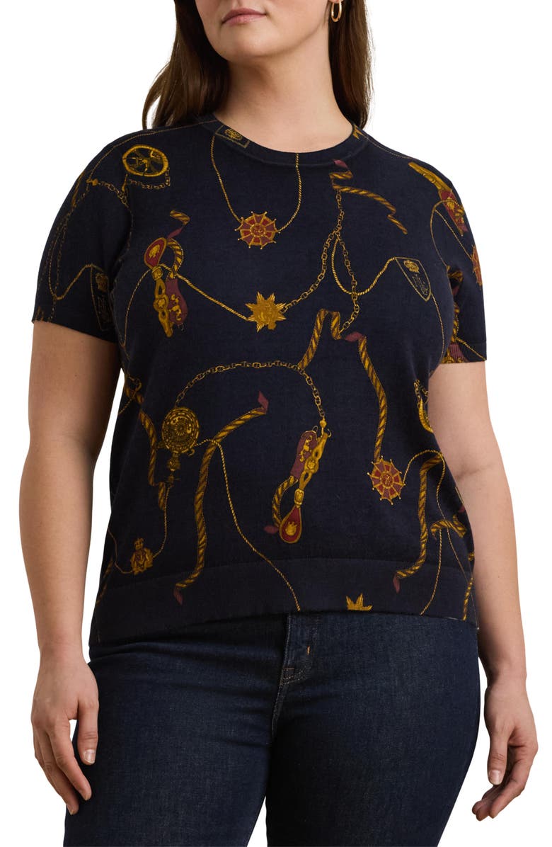 Lauren Ralph Lauren Eylah Medallion Print Short Sleeve Cotton & Modal Sweater, Main, color, 