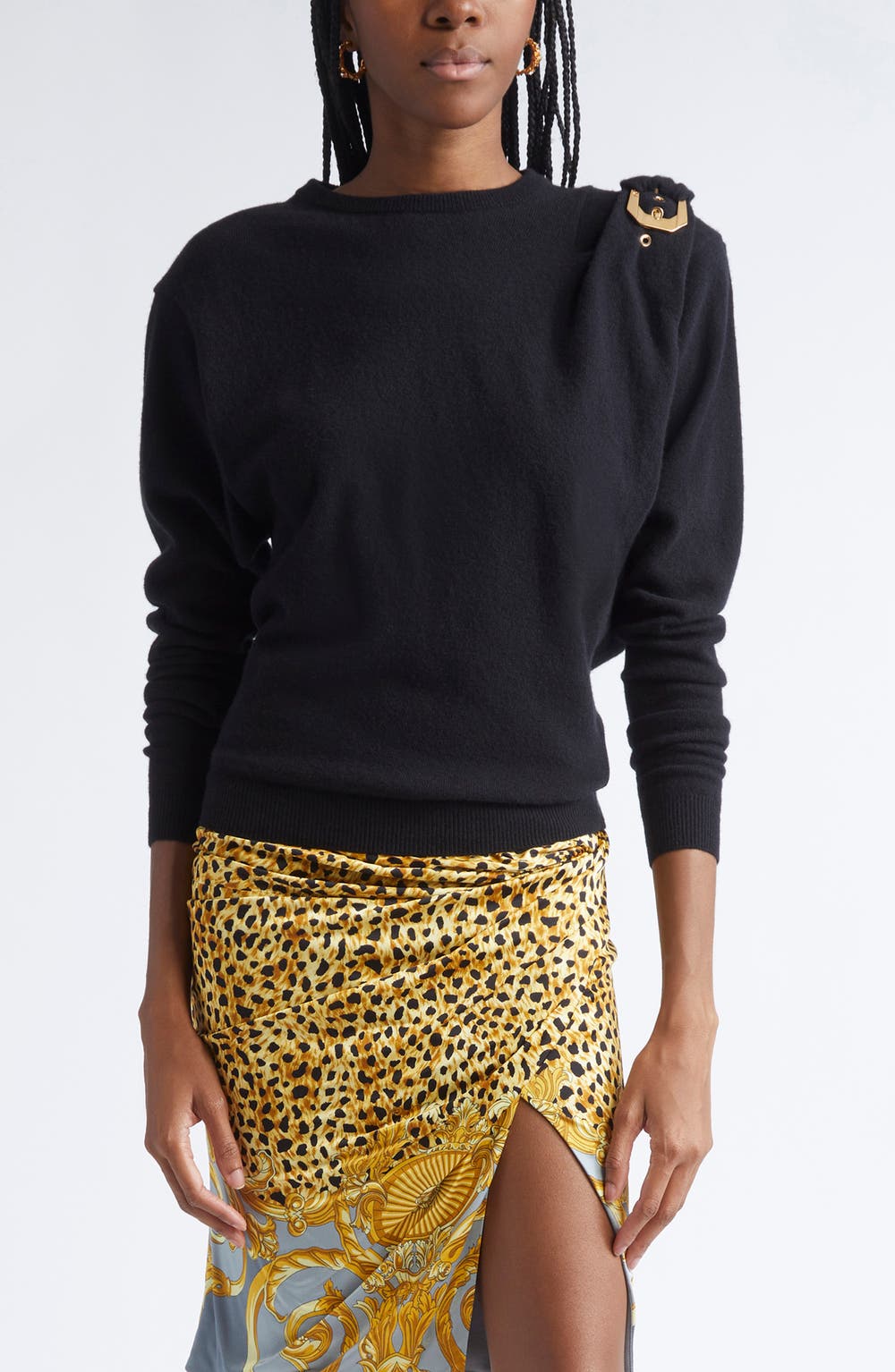 Buckled Virgin Wool Sweater, color, BLACK