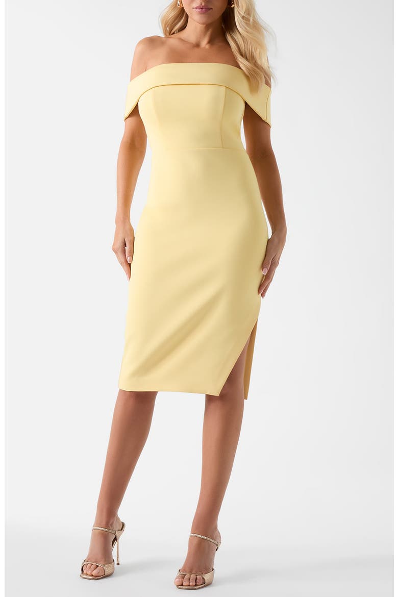 Andrea Off the Shoulder Scuba Dress, Main, color, GRATED LEMON
