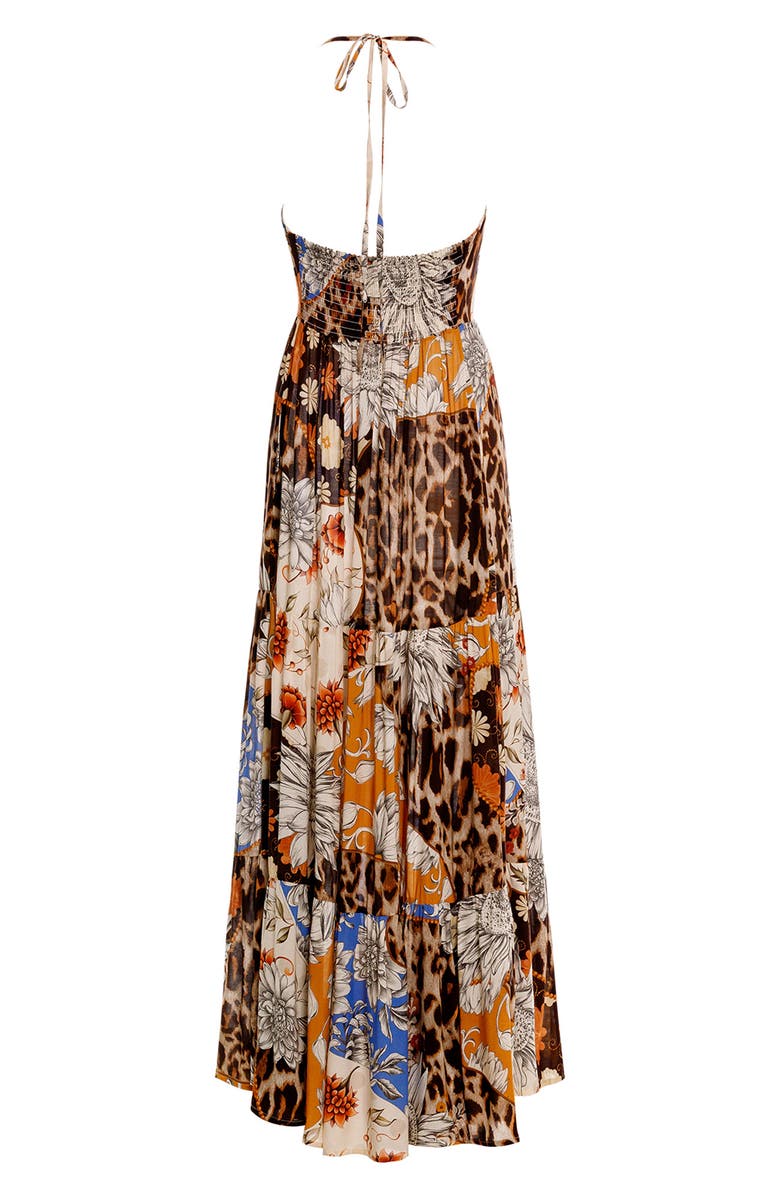 Agua Bendita Gabrielle Quilt Tue Front Halter Cover-Up Maxi Dress., Alternate, color, Brown