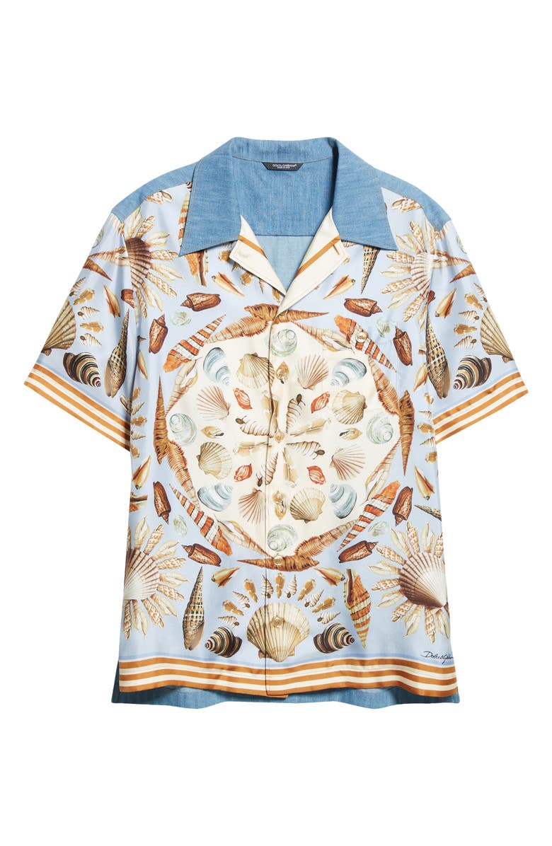 Dolce&Gabbana Seashell Print Mixed Media Camp Shirt, Alternate, color, S9001 Variante Abbinata