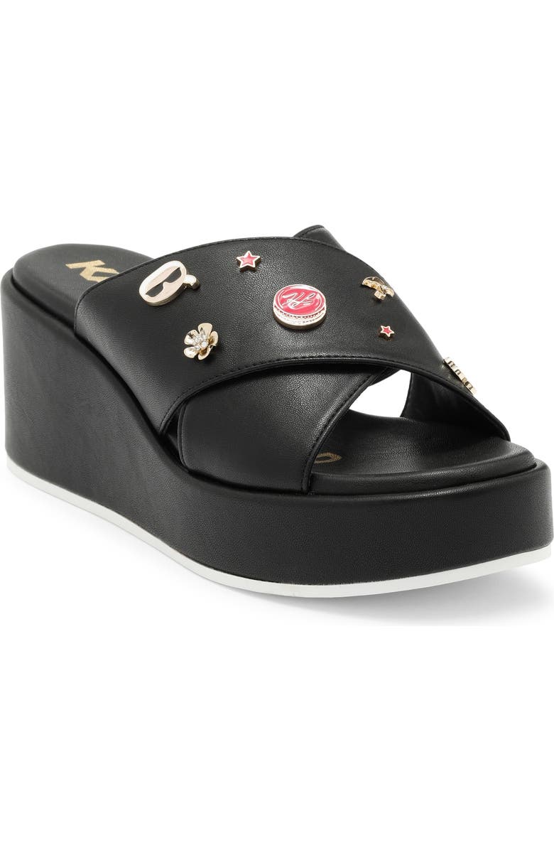KARL LAGERFELD PARIS Caleigh Macaron Crisscross Wedge Sandal, Main, color, Black